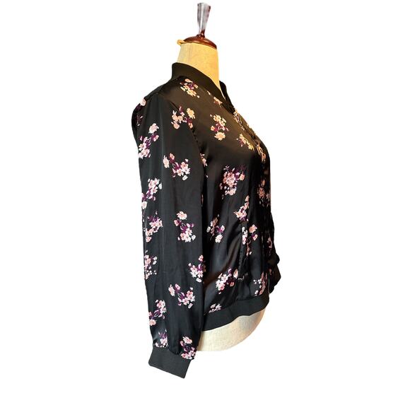 Ultra Flirt Satin Bomber Jacket Floral Black Pink Satin Zip Front Plus 1X - Picture 2 of 8